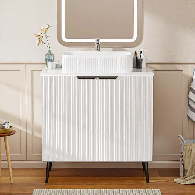 Alt view image 3 of 6 - 30-Inch Bathroom Vanity with Sink: Easy 30-Min Tool-Free Assembly, Water-Resistant Wave Door Cabinet & Modern Farmhouse Design for Small Bathroom, Apartment (White)