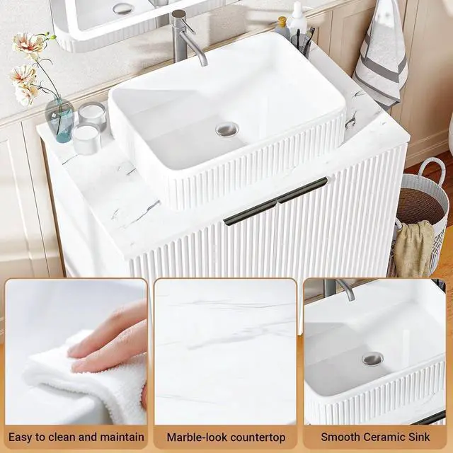 Alt view image 4 of 6 - 30-Inch Bathroom Vanity with Sink: Easy 30-Min Tool-Free Assembly, Water-Resistant Wave Door Cabinet & Modern Farmhouse Design for Small Bathroom, Apartment (White)