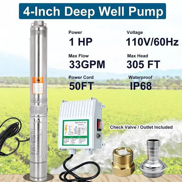 Alt view image 2 of 6 - Deep Well Submersible Pump, Stainless Steel Submersible Well Pump with Control Box, 1 HP, 110V, 33 GPM,305FT Max Head, 50FT Power Cord, w/Check Valve & Outlet,ON/OFF Switch
