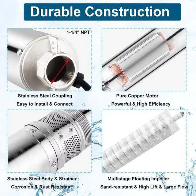 Alt view image 3 of 6 - Deep Well Submersible Pump, Stainless Steel Submersible Well Pump with Control Box, 1 HP, 110V, 33 GPM,305FT Max Head, 50FT Power Cord, w/Check Valve & Outlet,ON/OFF Switch