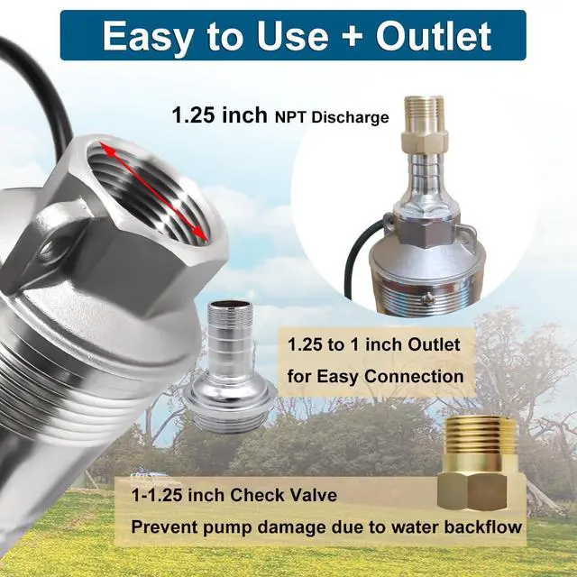 Alt view image 6 of 6 - Deep Well Submersible Pump, Stainless Steel Submersible Well Pump with Control Box, 1 HP, 110V, 33 GPM,305FT Max Head, 50FT Power Cord, w/Check Valve & Outlet,ON/OFF Switch