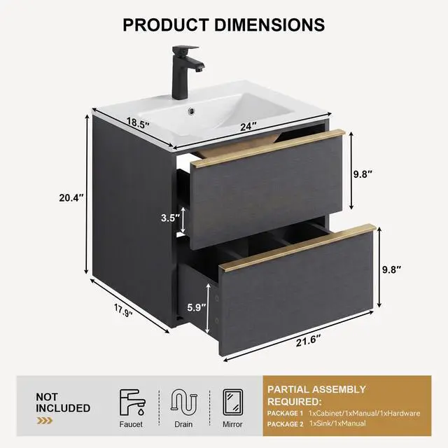 Alt view image 2 of 6 - 24 Inch Bathroom Vanity with Sink Combo, Modern Floating Bathroom Vanity with 2 Soft Close Drawers, Wooden Wall Mounted Cabinet with Large Storage and Metal Handles for Small Spaces, Gray