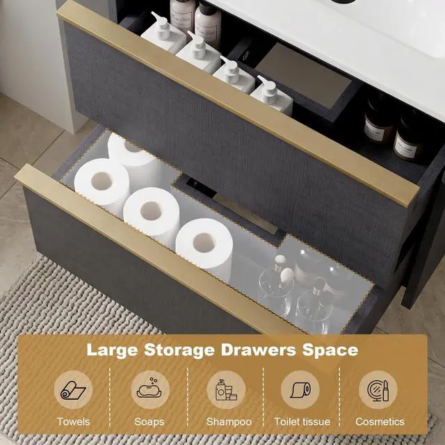 Alt view image 3 of 6 - 24 Inch Bathroom Vanity with Sink Combo, Modern Floating Bathroom Vanity with 2 Soft Close Drawers, Wooden Wall Mounted Cabinet with Large Storage and Metal Handles for Small Spaces, Gray