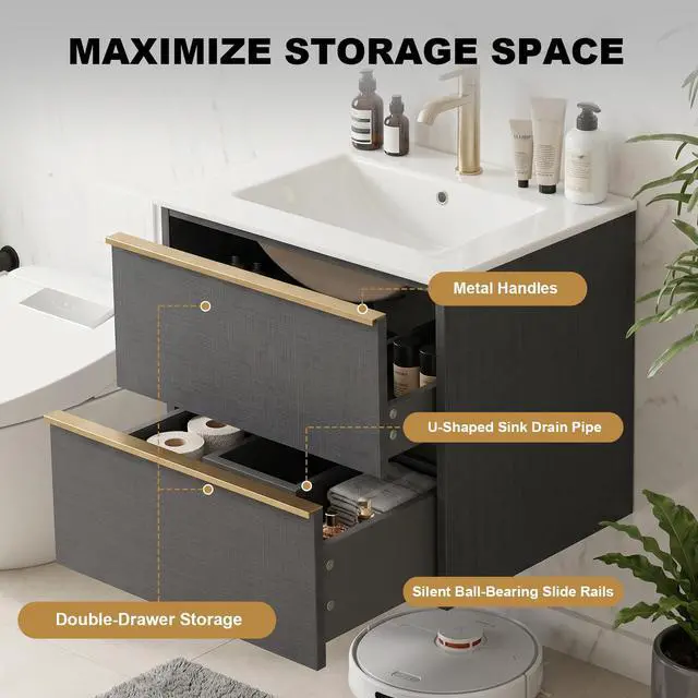 Alt view image 4 of 6 - 24 Inch Bathroom Vanity with Sink Combo, Modern Floating Bathroom Vanity with 2 Soft Close Drawers, Wooden Wall Mounted Cabinet with Large Storage and Metal Handles for Small Spaces, Gray