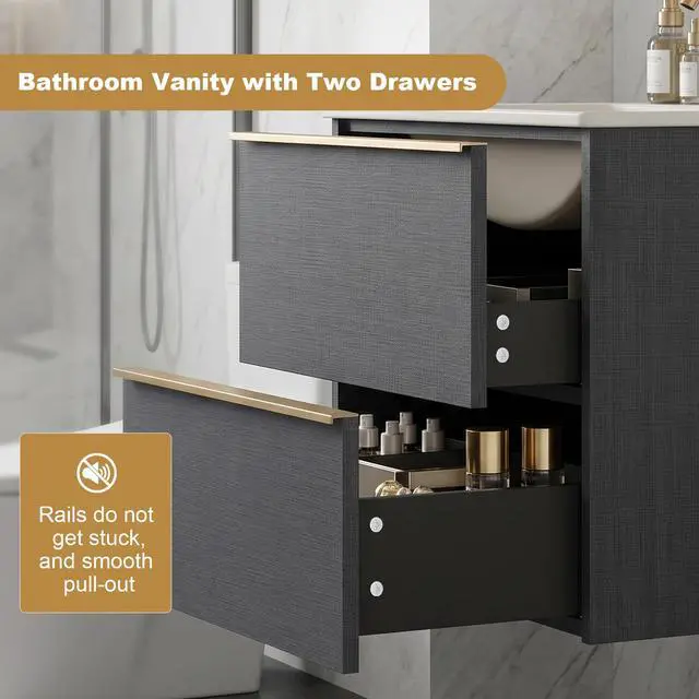 Alt view image 5 of 6 - 24 Inch Bathroom Vanity with Sink Combo, Modern Floating Bathroom Vanity with 2 Soft Close Drawers, Wooden Wall Mounted Cabinet with Large Storage and Metal Handles for Small Spaces, Gray