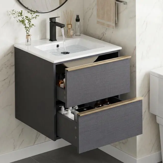 Alt view image 6 of 6 - 24 Inch Bathroom Vanity with Sink Combo, Modern Floating Bathroom Vanity with 2 Soft Close Drawers, Wooden Wall Mounted Cabinet with Large Storage and Metal Handles for Small Spaces, Gray