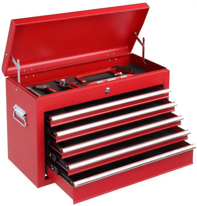 Main image of 24" Metal Tool Box, Portable 5 Drawers Toolbox with Top Storage Tray, Carry Handle, Ball Bearing Runners, Lockable Tool Chest Cabinet for Garage, Warehouse, Repair Shop & Home, Red