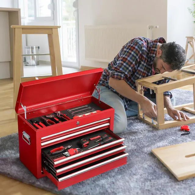 Alt view image 2 of 6 - 24" Metal Tool Box, Portable 5 Drawers Toolbox with Top Storage Tray, Carry Handle, Ball Bearing Runners, Lockable Tool Chest Cabinet for Garage, Warehouse, Repair Shop & Home, Red