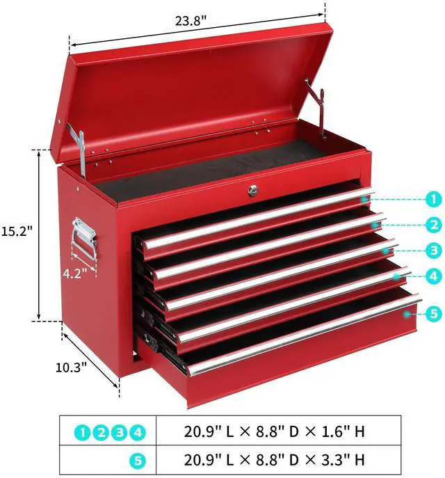Alt view image 3 of 6 - 24" Metal Tool Box, Portable 5 Drawers Toolbox with Top Storage Tray, Carry Handle, Ball Bearing Runners, Lockable Tool Chest Cabinet for Garage, Warehouse, Repair Shop & Home, Red