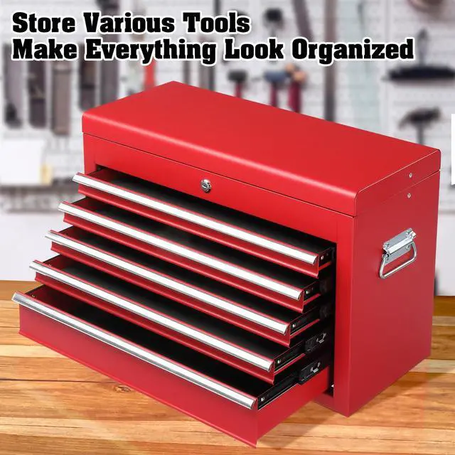 Alt view image 4 of 6 - 24" Metal Tool Box, Portable 5 Drawers Toolbox with Top Storage Tray, Carry Handle, Ball Bearing Runners, Lockable Tool Chest Cabinet for Garage, Warehouse, Repair Shop & Home, Red