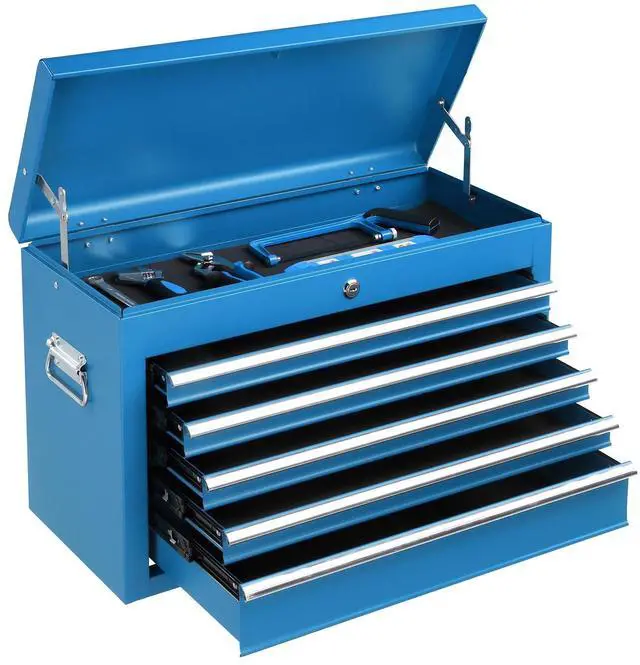 Main image of 24" Portable Tool Box, 5 Drawer Tool Chest with Carry Handle, Top Case, Ball Bearing Runners, Lockable Metal Hand Toolbox for Garage, Warehouse, Repair Shop & Home, Blue