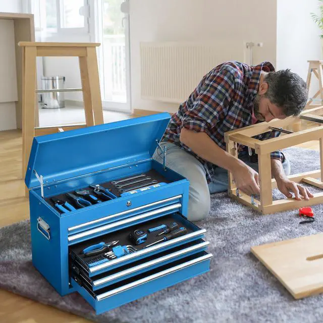 Alt view image 2 of 6 - 24" Portable Tool Box, 5 Drawer Tool Chest with Carry Handle, Top Case, Ball Bearing Runners, Lockable Metal Hand Toolbox for Garage, Warehouse, Repair Shop & Home, Blue
