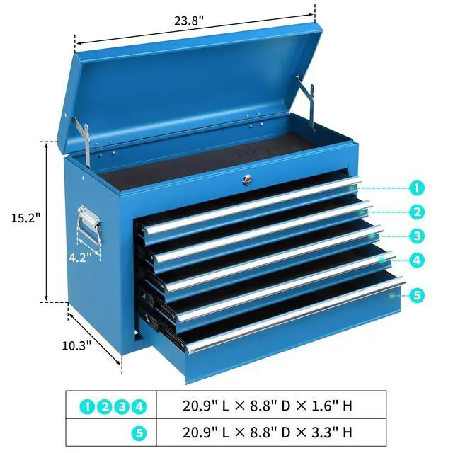 Alt view image 3 of 6 - 24" Portable Tool Box, 5 Drawer Tool Chest with Carry Handle, Top Case, Ball Bearing Runners, Lockable Metal Hand Toolbox for Garage, Warehouse, Repair Shop & Home, Blue