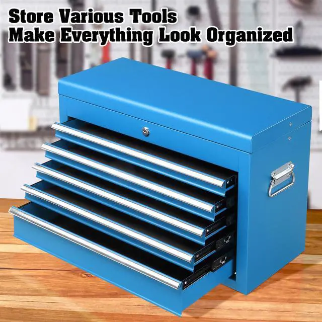 Alt view image 4 of 6 - 24" Portable Tool Box, 5 Drawer Tool Chest with Carry Handle, Top Case, Ball Bearing Runners, Lockable Metal Hand Toolbox for Garage, Warehouse, Repair Shop & Home, Blue