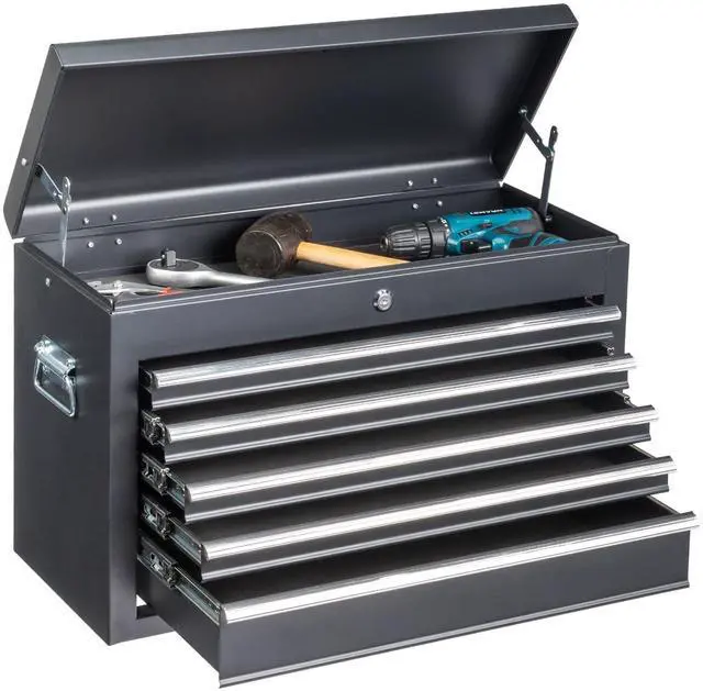 Main image of 24" Portable Metal Tool Box, 5 Drawers Toolbox with Top Storage Tray, Carry Handle, Ball Bearing Runners, Lockable Tool Chest Cabinet for Garage, Warehouse, Repair Shop & Home, Black