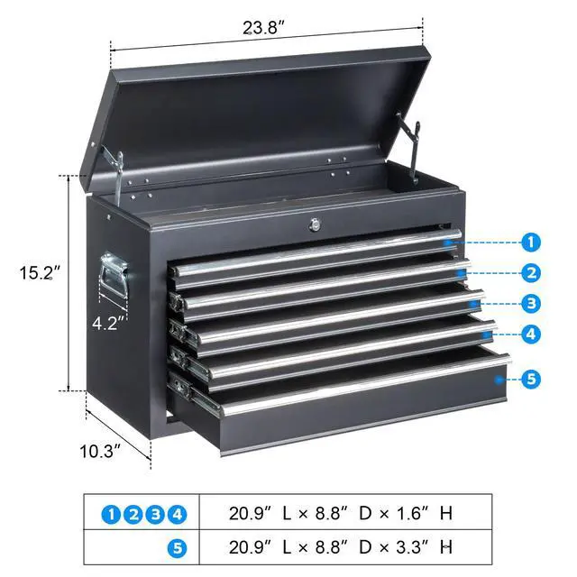 Alt view image 3 of 6 - 24" Portable Metal Tool Box, 5 Drawers Toolbox with Top Storage Tray, Carry Handle, Ball Bearing Runners, Lockable Tool Chest Cabinet for Garage, Warehouse, Repair Shop & Home, Black