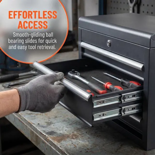 Alt view image 4 of 6 - 24" Portable Metal Tool Box, 5 Drawers Toolbox with Top Storage Tray, Carry Handle, Ball Bearing Runners, Lockable Tool Chest Cabinet for Garage, Warehouse, Repair Shop & Home, Black