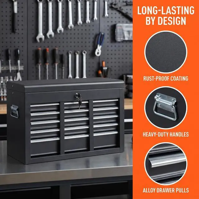 Alt view image 5 of 6 - 24" Portable Metal Tool Box, 5 Drawers Toolbox with Top Storage Tray, Carry Handle, Ball Bearing Runners, Lockable Tool Chest Cabinet for Garage, Warehouse, Repair Shop & Home, Black