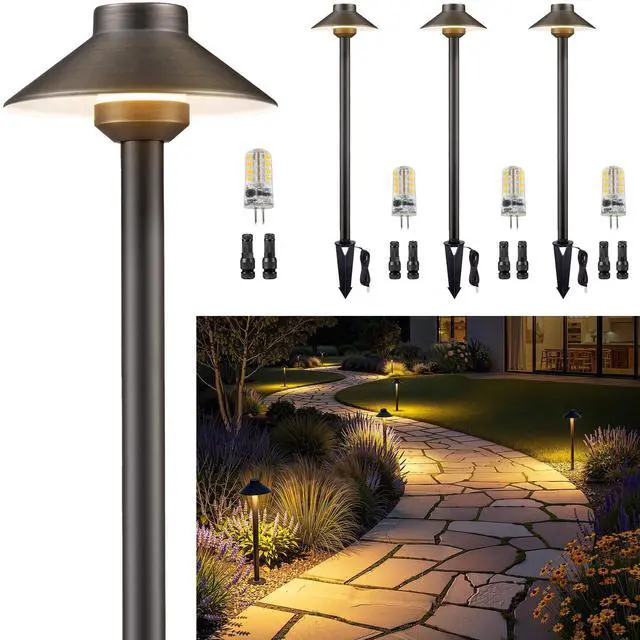 Main image of Low Voltage Landscape Lighting Brass, 12v Pathway Lights Waterproof, Hard Wired Path Light Outdoor, Bronze for Exterior Area Patio House with 3W 270LM 3000K Warm White G4 Bulb (4 Pack)