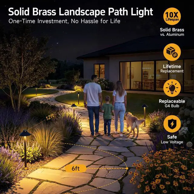 Alt view image 2 of 6 - Low Voltage Landscape Lighting Brass, 12v Pathway Lights Waterproof, Hard Wired Path Light Outdoor, Bronze for Exterior Area Patio House with 3W 270LM 3000K Warm White G4 Bulb (4 Pack)