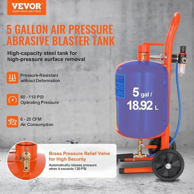 Alt view image 2 of 6 - 5 Gallon Sand Blaster, 60-110 PSI High Pressure Sandblaster, Portable Abrasive Blasting Tank, Air Sand Blasting Kit with 4 Ceramic Nozzles and Oil-Water Separator for Paint, Stain, Rust Removal
