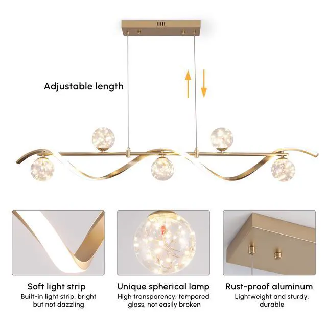 Alt view image 3 of 6 - Modern Kitchen Island Lighting, 6-Light Linear Pendant Light with Glass Globes, Dimmable Gold Dining Room Light Fixture for Kitchen Island, Dining Table & Open Concept Living Spaces
