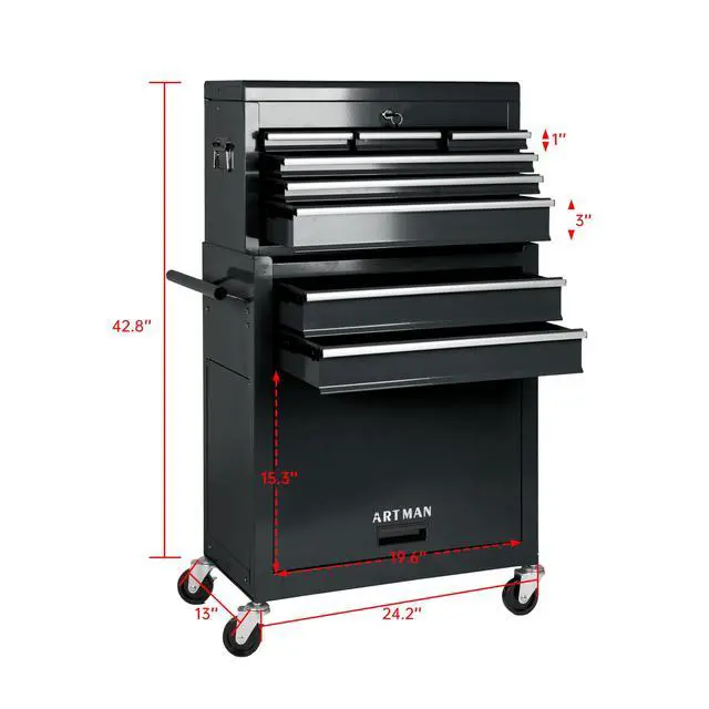 Alt view image 2 of 6 - 8-Drawer Rolling Tool Chest with Lockable Wheels, Sliding Drawers, Detachable Top & Adjustable Shelf Heavy Duty Tool Storage Cabinet for Garage, Workshop & Home Organization, Black
