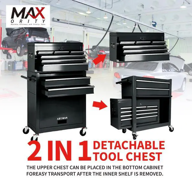 Alt view image 3 of 6 - 8-Drawer Rolling Tool Chest with Lockable Wheels, Sliding Drawers, Detachable Top & Adjustable Shelf Heavy Duty Tool Storage Cabinet for Garage, Workshop & Home Organization, Black