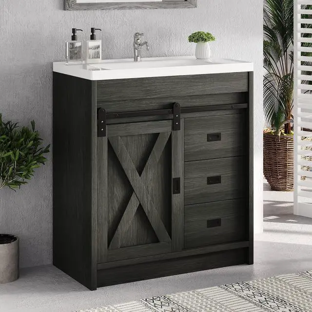 Main image of 30" Farmhouse Bathroom Vanity with Sink, Small Grey Bathroom Vanity Cabinet with 2 Drawers & Sliding Barn Door, Wash Grey
