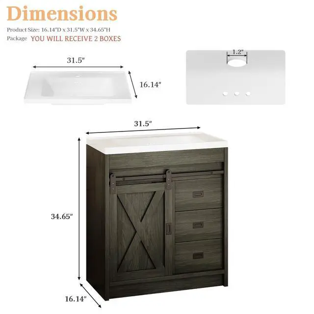 Alt view image 2 of 6 - 30" Farmhouse Bathroom Vanity with Sink, Small Grey Bathroom Vanity Cabinet with 2 Drawers & Sliding Barn Door, Wash Grey