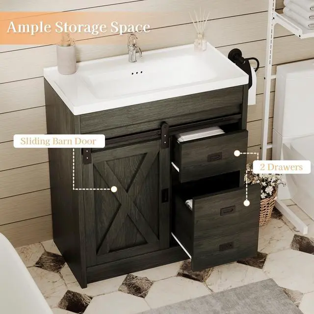 Alt view image 3 of 6 - 30" Farmhouse Bathroom Vanity with Sink, Small Grey Bathroom Vanity Cabinet with 2 Drawers & Sliding Barn Door, Wash Grey