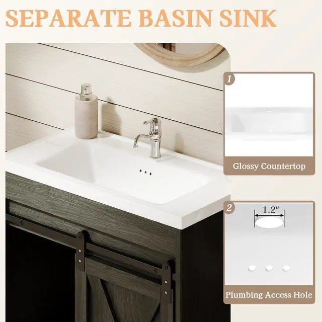 Alt view image 4 of 6 - 30" Farmhouse Bathroom Vanity with Sink, Small Grey Bathroom Vanity Cabinet with 2 Drawers & Sliding Barn Door, Wash Grey