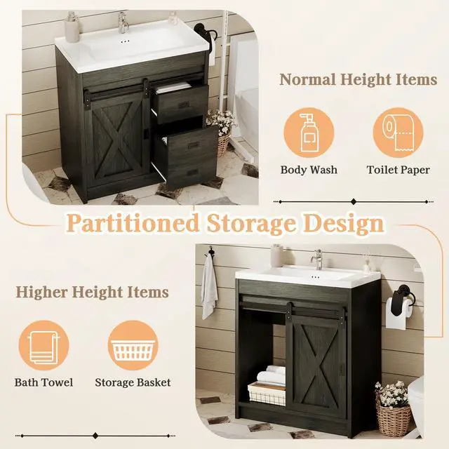 Alt view image 5 of 6 - 30" Farmhouse Bathroom Vanity with Sink, Small Grey Bathroom Vanity Cabinet with 2 Drawers & Sliding Barn Door, Wash Grey