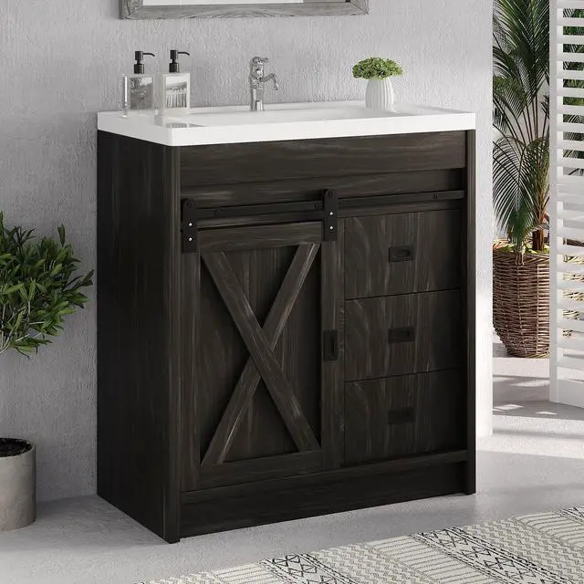 Main image of 30" Farmhouse Bathroom Vanity with Sink, Small Bathroom Vanity Cabinet with 2 Drawers & Sliding Barn Door, Brown