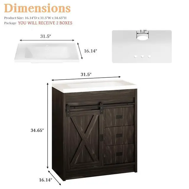 Alt view image 2 of 6 - 30" Farmhouse Bathroom Vanity with Sink, Small Bathroom Vanity Cabinet with 2 Drawers & Sliding Barn Door, Brown