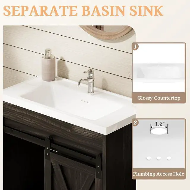 Alt view image 3 of 6 - 30" Farmhouse Bathroom Vanity with Sink, Small Bathroom Vanity Cabinet with 2 Drawers & Sliding Barn Door, Brown
