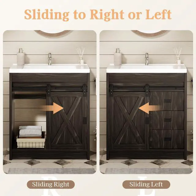 Alt view image 4 of 6 - 30" Farmhouse Bathroom Vanity with Sink, Small Bathroom Vanity Cabinet with 2 Drawers & Sliding Barn Door, Brown