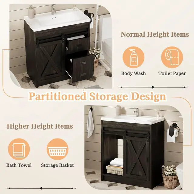 Alt view image 5 of 6 - 30" Farmhouse Bathroom Vanity with Sink, Small Bathroom Vanity Cabinet with 2 Drawers & Sliding Barn Door, Brown