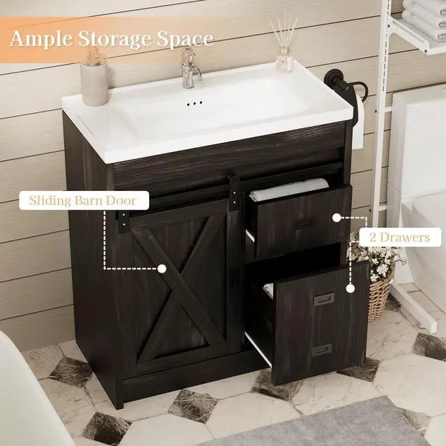 Alt view image 6 of 6 - 30" Farmhouse Bathroom Vanity with Sink, Small Bathroom Vanity Cabinet with 2 Drawers & Sliding Barn Door, Brown