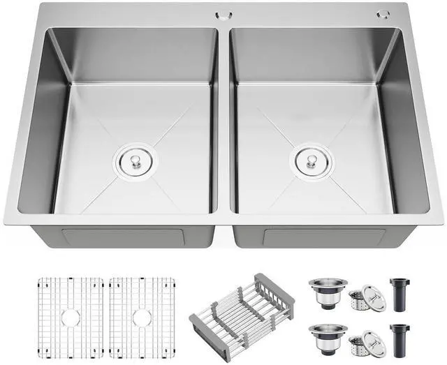 Main image of 33 Inch Drop In Double Bowl Kitchen Sink with Nano Coating, 20 Gauge 304 Stainless Steel Topmount Kitchen Sink with Accessories