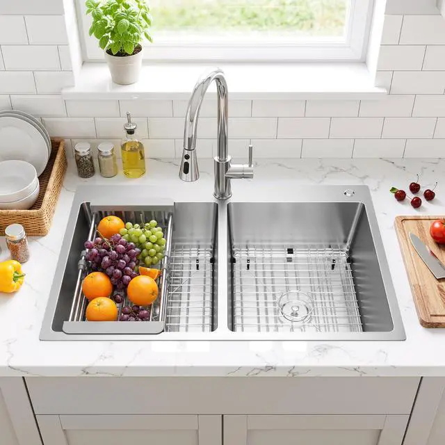 Alt view image 3 of 6 - 33 Inch Drop In Double Bowl Kitchen Sink with Nano Coating, 20 Gauge 304 Stainless Steel Topmount Kitchen Sink with Accessories