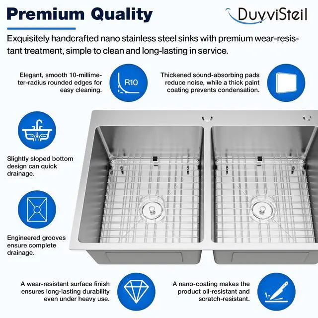 Alt view image 4 of 6 - 33 Inch Drop In Double Bowl Kitchen Sink with Nano Coating, 20 Gauge 304 Stainless Steel Topmount Kitchen Sink with Accessories