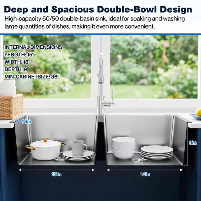Alt view image 5 of 6 - 33 Inch Drop In Double Bowl Kitchen Sink with Nano Coating, 20 Gauge 304 Stainless Steel Topmount Kitchen Sink with Accessories