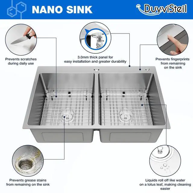 Alt view image 6 of 6 - 33 Inch Drop In Double Bowl Kitchen Sink with Nano Coating, 20 Gauge 304 Stainless Steel Topmount Kitchen Sink with Accessories
