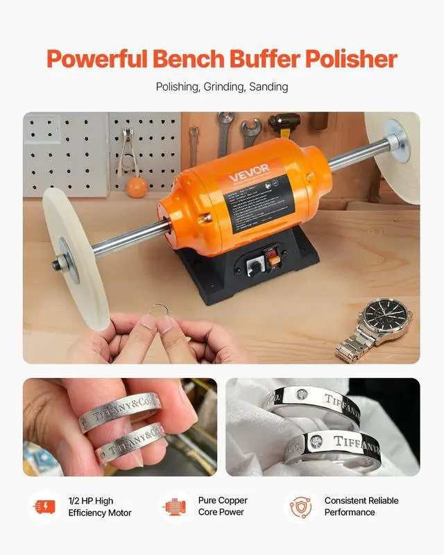 Alt view image 2 of 6 - 1/2HP Bench Buffer Polisher, 8-inch Bench Polishing Buffing Machine, 1725RPM/3450RPM Dual Speed Benchtop Polisher with 2PCS Cotton Wheels & Cast Iron Base for Metal, Jewelry, Wood Polishing