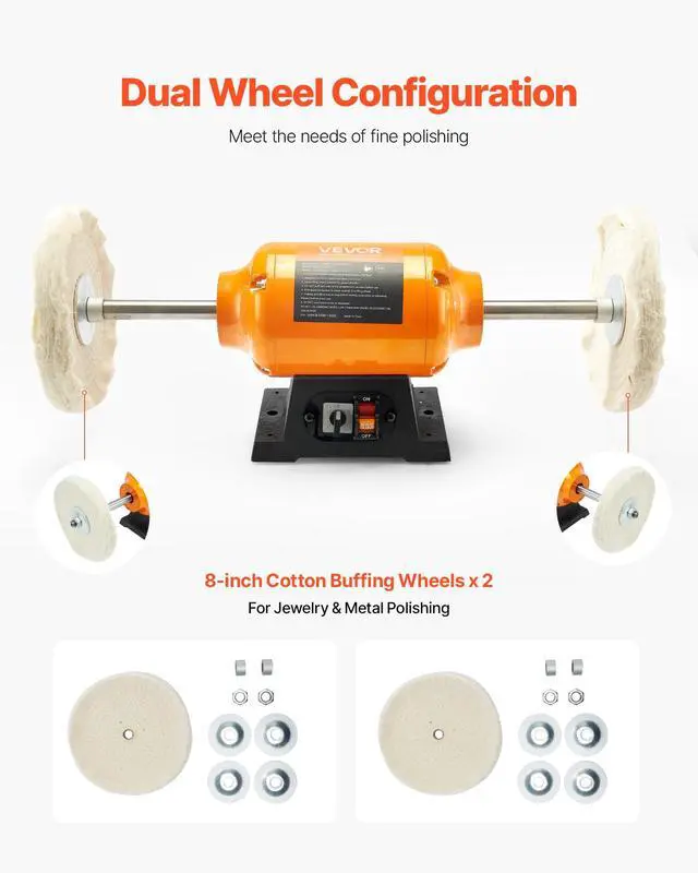 Alt view image 4 of 6 - 1/2HP Bench Buffer Polisher, 8-inch Bench Polishing Buffing Machine, 1725RPM/3450RPM Dual Speed Benchtop Polisher with 2PCS Cotton Wheels & Cast Iron Base for Metal, Jewelry, Wood Polishing
