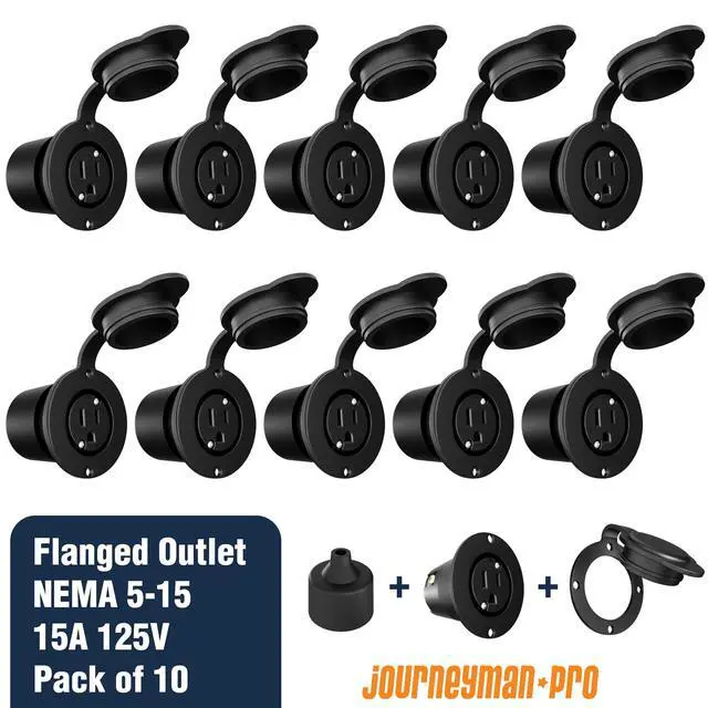 Alt view image 3 of 6 - 5279 15 Amp 120-125 Volt, NEMA 5-15 Flanged Outlet, Black Commercial Grade, 2 Pole-3 Wire, Straight Blade Plug Outdoor Receptacle, Surface Mount Outlet (Front & Back Covers, 10-Pack)