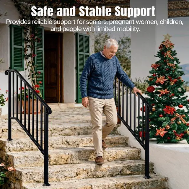 Alt view image 2 of 6 - 2 Pack Wrought Iron Stair Railing for Outdoor Steps, Fits 3 or 4 Steps, Metal Hand Rail with Installation Kit, Staircase Handrails for Concrete, Porch, Deck, Exterior, Black