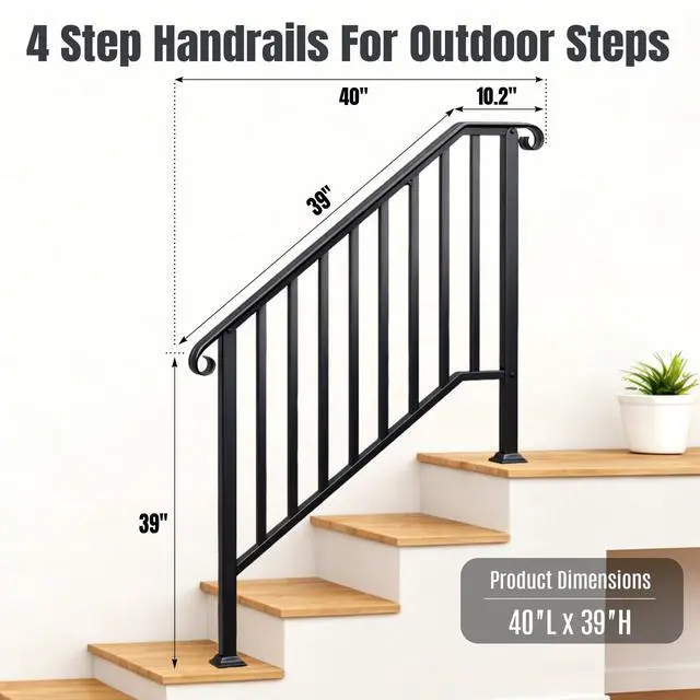 Alt view image 3 of 6 - 2 Pack Wrought Iron Stair Railing for Outdoor Steps, Fits 3 or 4 Steps, Metal Hand Rail with Installation Kit, Staircase Handrails for Concrete, Porch, Deck, Exterior, Black