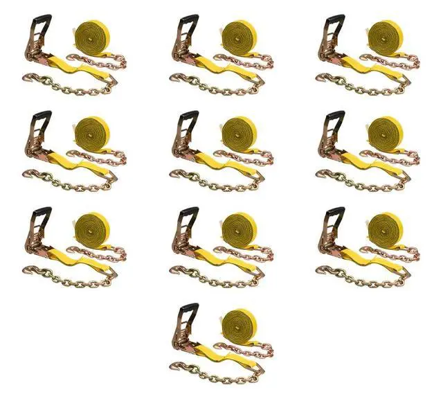 Alt view image 2 of 2 - (10 Pack) 2" x 30' Ratchet Straps w/Chain, WLL 3400 Tie Down Strap